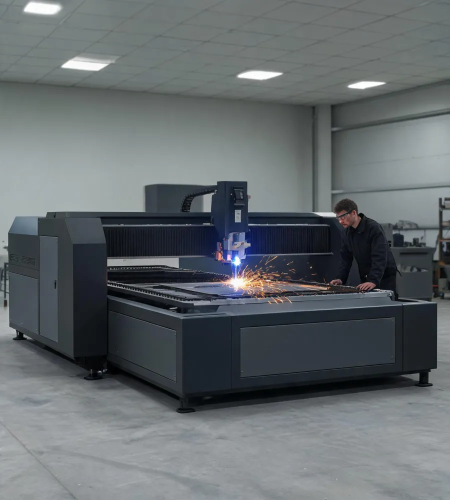 Trotec laser system cutting sheet metal in a production cell