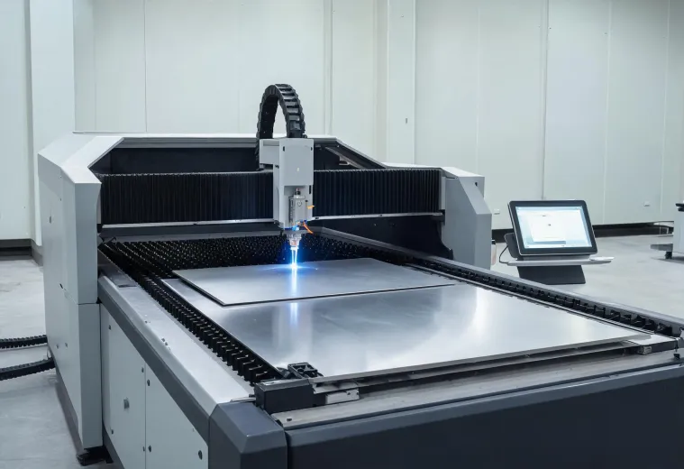 Enclosed laser cutting machine in a fabrication bay