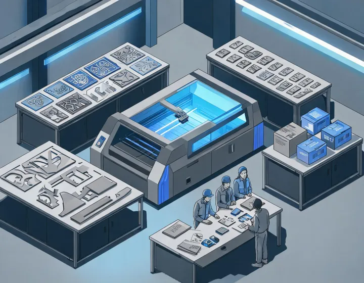 Illustrated industrial laser application map across workshops