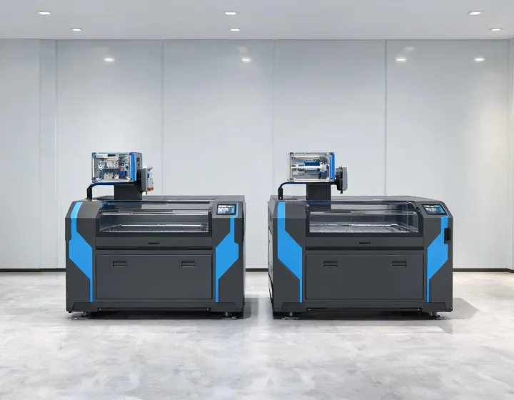 Laser equipment product lineup in a clean industrial showroom