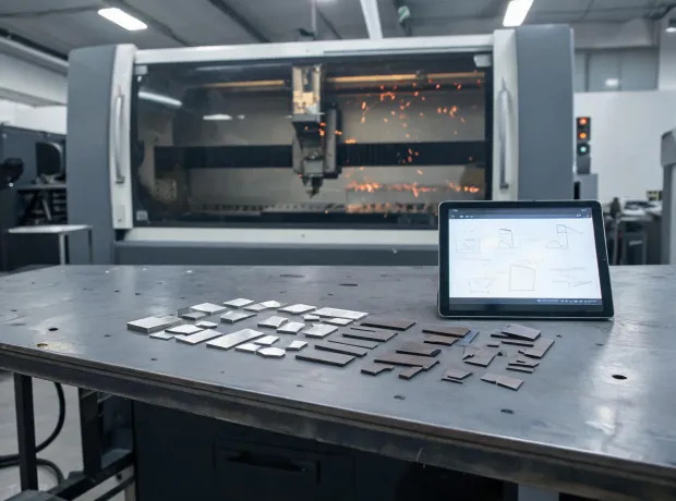 Fiber laser cutting sample review on a workshop table
